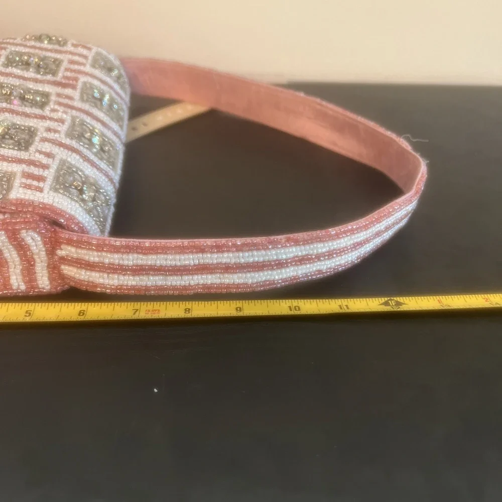 NEW-Handcrafted In India Beaded Shoulder Bag Pink White Stripes Rhinestones